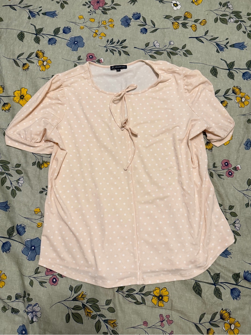 Adrianna Papell Blush Pink Polka Dot Tie-Neck Short Sleeve Top